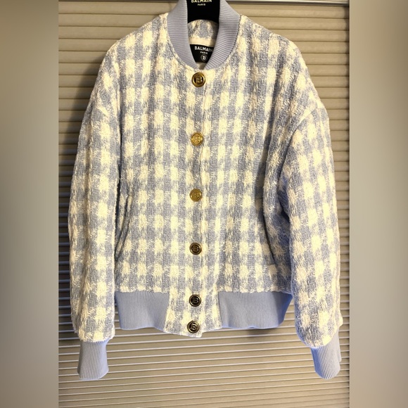 BALMAIN NWT HOUNDSTOOTH TWEED BOMBER JACKET SZ 40 - Picture 3 of 4